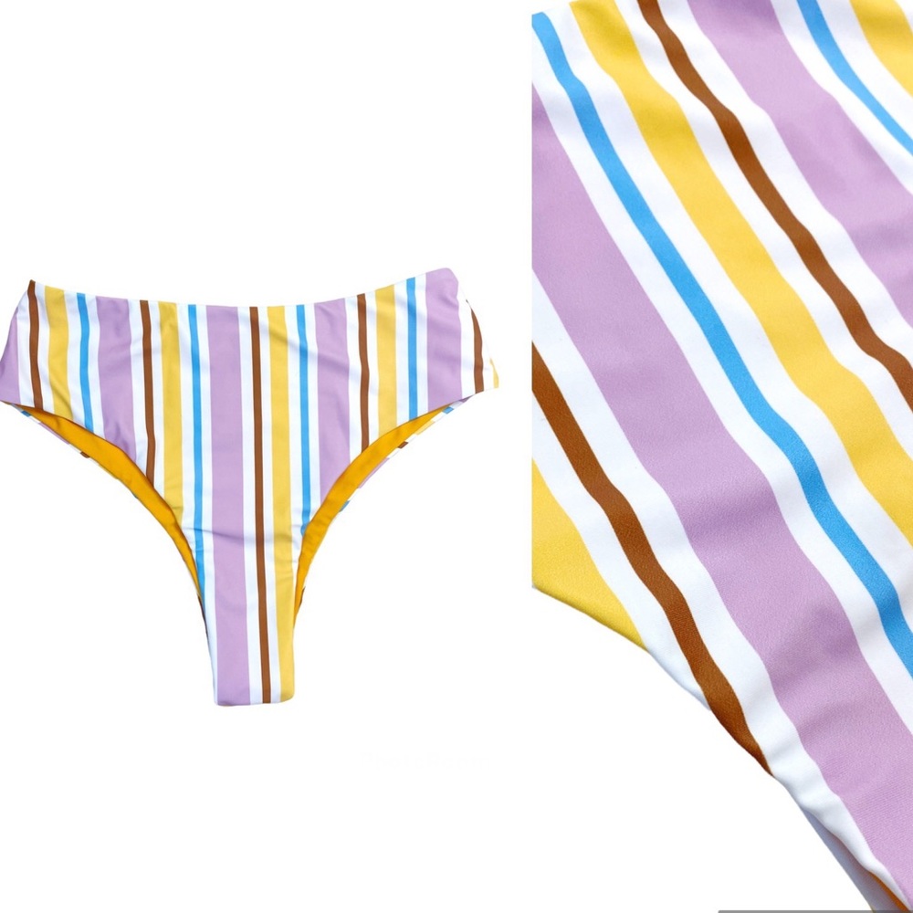 Striped bikini bottom in pink blue yellow brown white high cut high waist cheeky